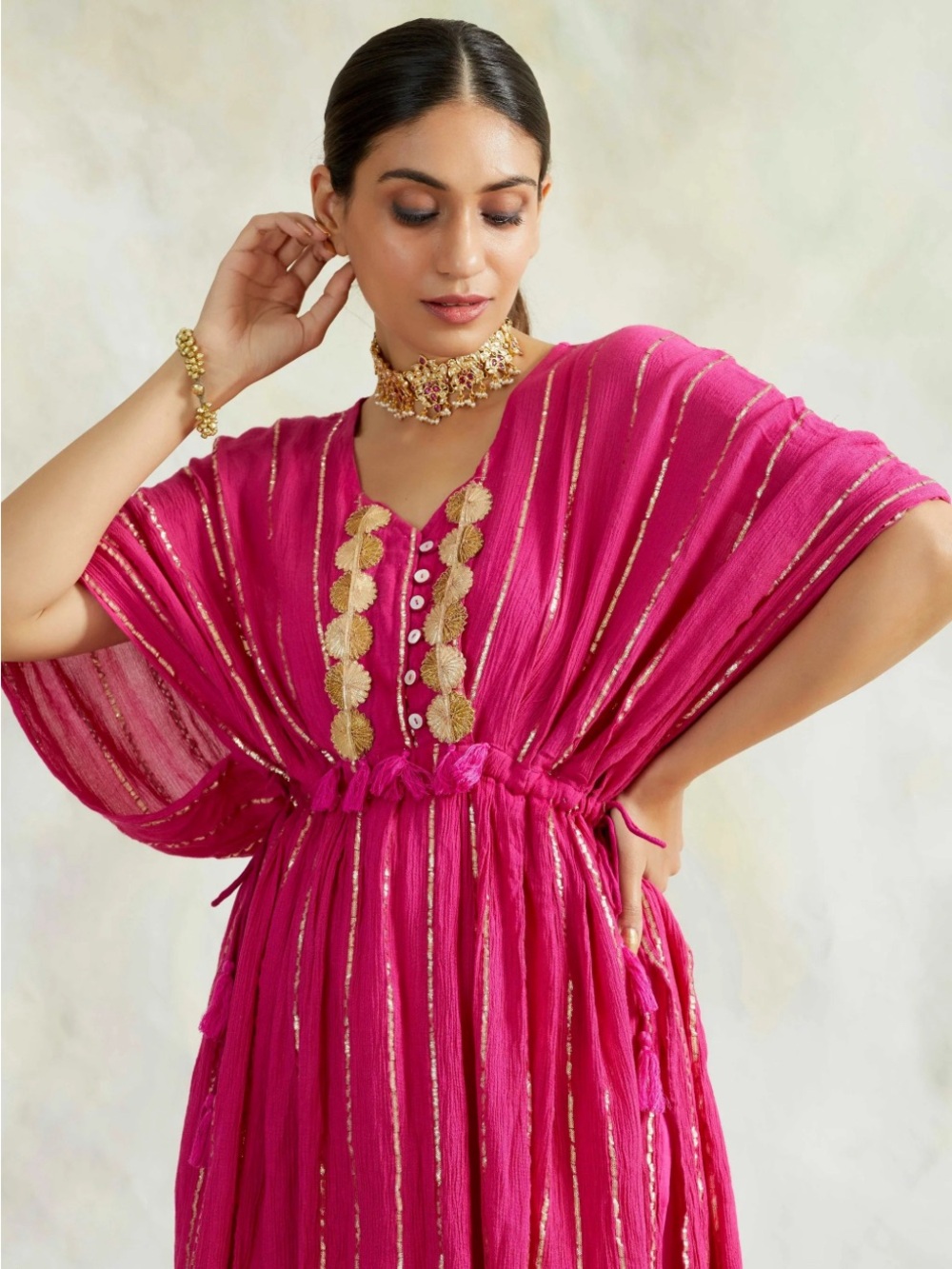 Palak & Mehak Fuchsia and Gold Lurex  Stripe Kaftan in Size Small D67